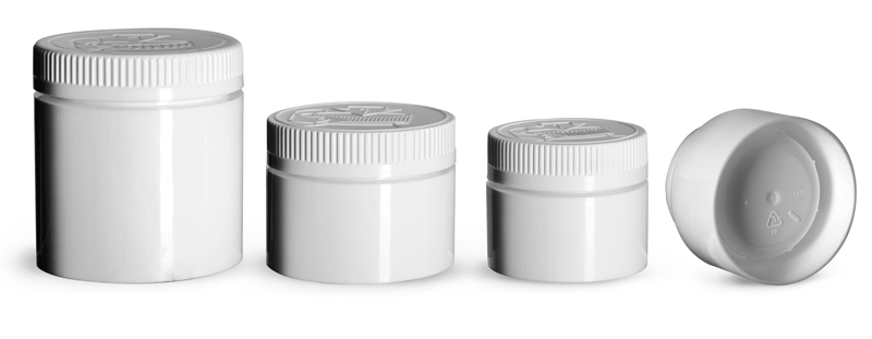 Polypropylene Plastic Jars, White Open Bottom Jars w/ White Child Resistant Caps