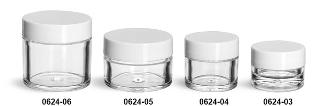 Plastic Jars, Clear Polystyrene Thick Wall Jars w/ White Smooth Plastic Lined Caps