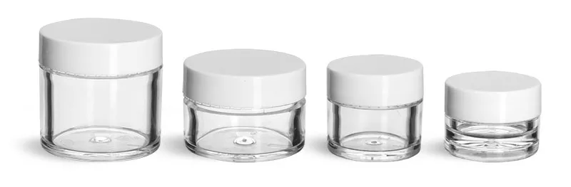 Plastic Jars, Clear Polystyrene Thick Wall Jars w/ White Smooth Plastic Lined Caps