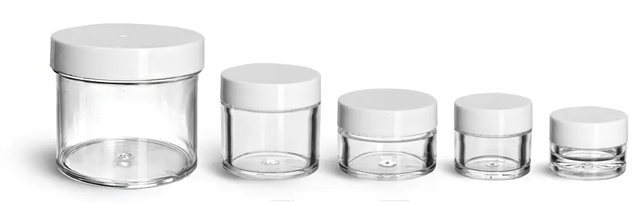 Plastic Jars, Clear Polystyrene Thick Wall Jars w/ White Smooth Plastic Lined Caps