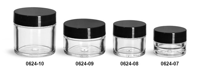 Plastic Jars, Clear Polystyrene Thick Wall Jars w/ Black Smooth Plastic Lined Caps