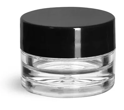 1/8 oz Clear Styrene Thick Wall Jars w/ Black Smooth Plastic Lined Caps