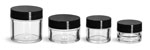 Clear Polystyrene Thick Wall Jars w/ Black Smooth Plastic Lined Caps