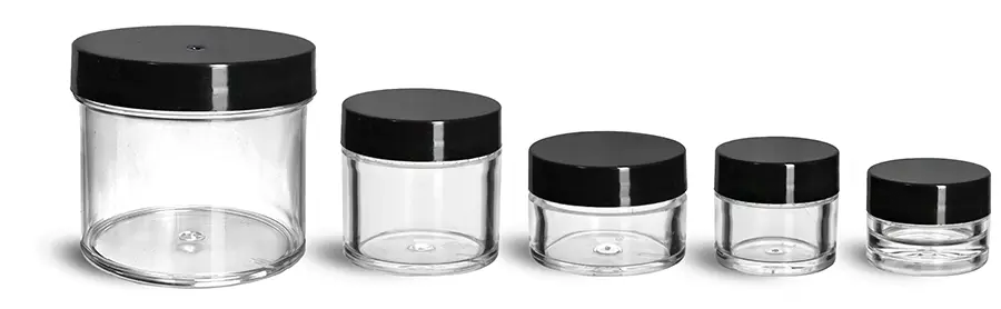 Plastic Jars, Clear Polystyrene Thick Wall Jars w/ Black Smooth Plastic Lined Caps