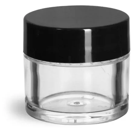 1/4 oz Clear Styrene Thick Wall Jars w/ Black Smooth Plastic Lined Caps