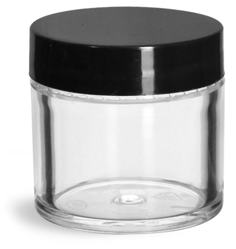 1 oz Clear Styrene Thick Wall Jars w/ Black Smooth Plastic Lined Caps
