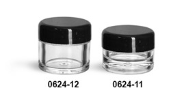 Plastic Jars, Clear Polystyrene Thick Wall Jars w/ Black Smooth Lined Plastic Dome Caps
