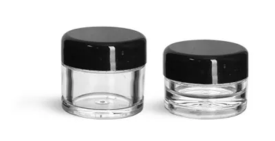 Plastic Jars, Clear Polystyrene Thick Wall Jars with Black Smooth Lined Plastic Dome Caps