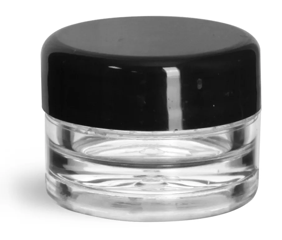 1/8 oz Clear Styrene Thick Wall Jars with Black Smooth Lined Plastic Dome Caps
