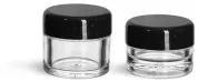 Plastic Jars, Clear Polystyrene Thick Wall Jars w/ Black Smooth Lined Plastic Dome Caps