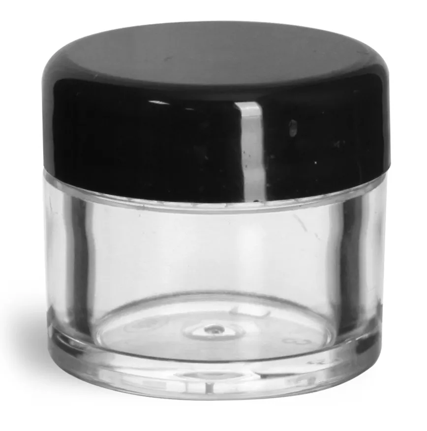 1/4 oz Clear Styrene Thick Wall Jars with Black Smooth Lined Plastic Dome Caps