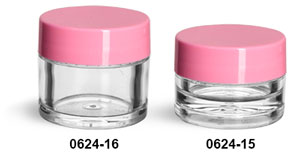 Plastic Jars, Clear Polystyrene Thick Wall Jars w/ Pink Smooth Plastic Lined Caps