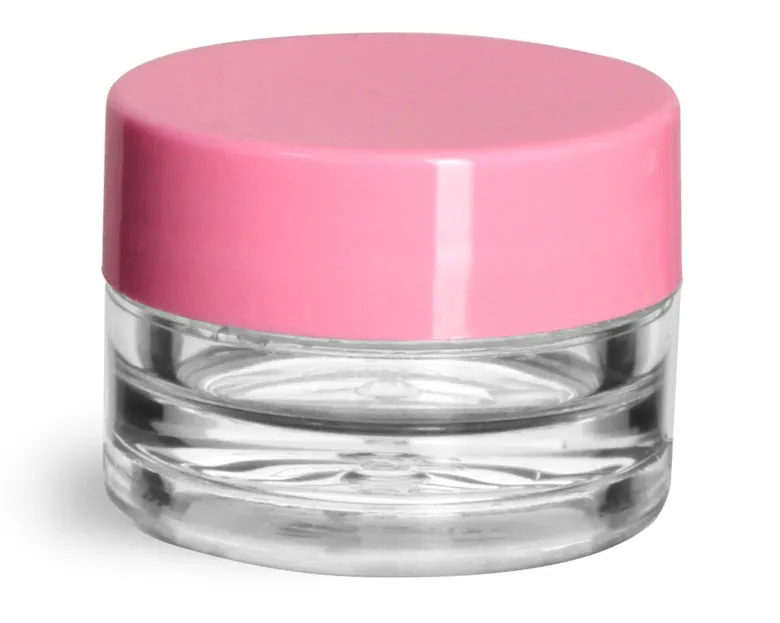 1/8 oz Clear Styrene Plastic Jars w/ Pink Smooth Plastic Lined Caps