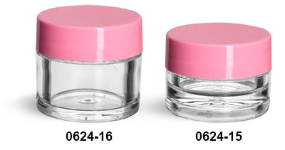Plastic Jars, Clear Polystyrene Thick Wall Jars w/ Pink Smooth Plastic Lined Caps