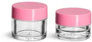 Plastic Jars, Clear Polystyrene Thick Wall Jars w/ Pink Smooth Plastic Lined Caps
