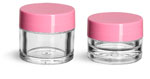 Clear Polystyrene Thick Wall Jars w/ Pink Smooth Plastic Lined Caps