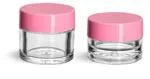 Plastic Jars, Clear Polystyrene Thick Wall Jars w/ Pink Smooth Plastic Lined Caps