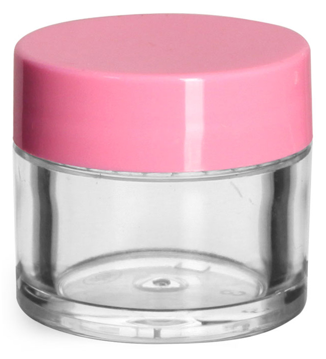 1/4 oz Clear Styrene Plastic Jars w/ Pink Smooth Plastic Lined Caps