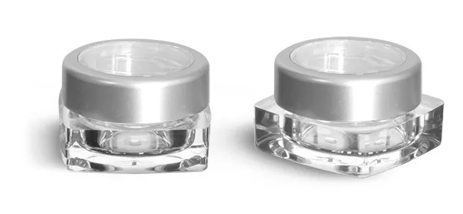 Plastic Jars, Clear Polystyrene Square Jars w/ Silver Cap and Clear Window