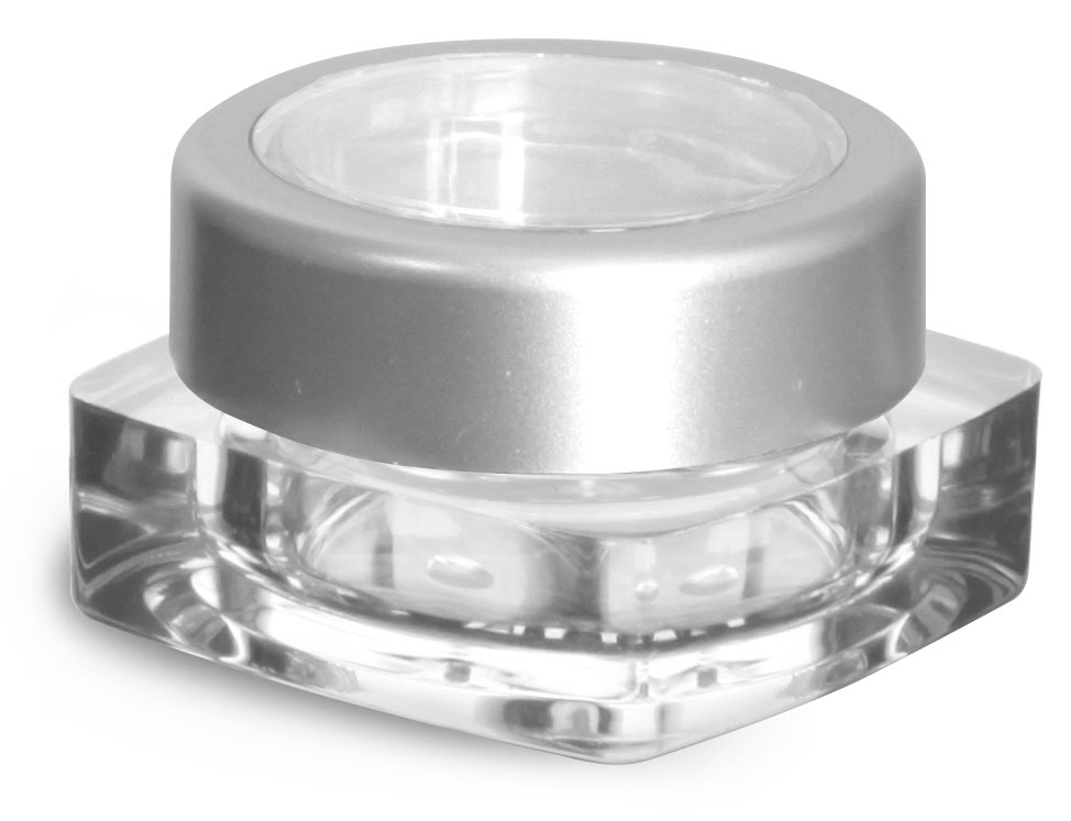 5 ml Clear Styrene Square Jars w/ Silver Cap and Clear Window