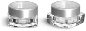 Plastic Jars, Clear Polystyrene Square Jars w/ Silver Cap & Clear Window