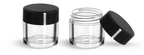 Plastic Jars, Clear Polystyrene Jars w/ Black Smooth Plastic Flat Caps