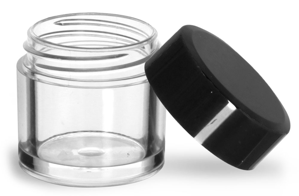 7 ml Clear Polystyrene Jars w/ Black Smooth Plastic Flat Caps