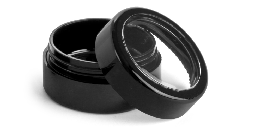 1/4 oz Black Pan Jar with Black Cap and Clear Window