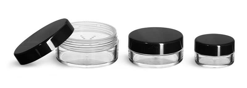 Plastic Jars, Clear Polystyrene Powder Jars w/ Sifters and Black Smooth Plastic Caps