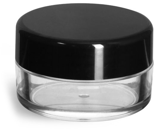 10 ml Clear Styrene Powder Jars w/ Sifters and Black Smooth Plastic Caps