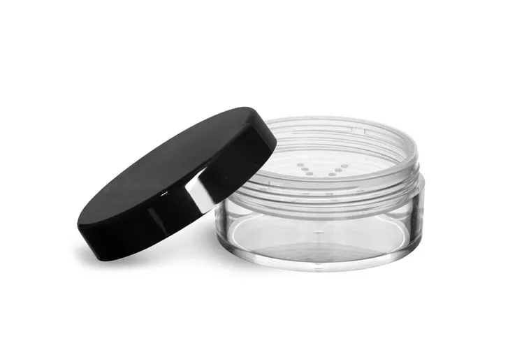 Plastic Jars, Clear Polystyrene Powder Jars w/ Sifters and Black Smooth Plastic Caps