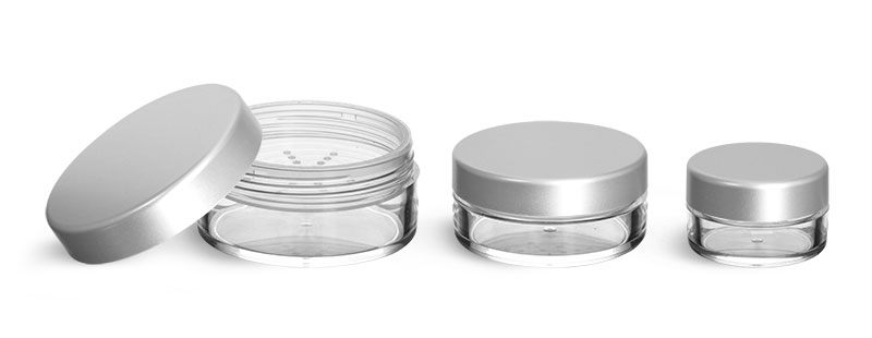 Plastic Jars, Clear Polystyrene Powder Jars w/ Sifters and Matte Silver Caps