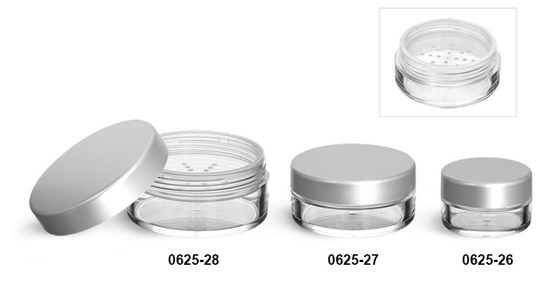 Plastic Jars, Clear Polystyrene Powder Jars w/ Sifters and Matte Silver Caps