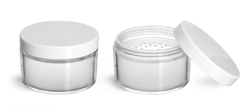 Plastic Jars, Clear Polystyrene Jars with White Caps and Powder Sifter Inserts