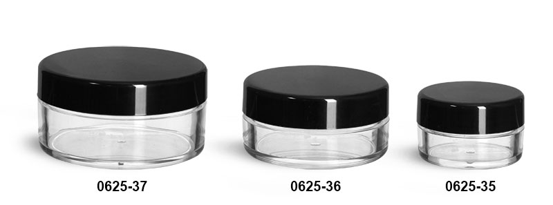 Plastic Jars, Clear Polystyrene Powder Jars w/ Black Smooth Plastic Caps