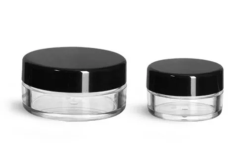 Plastic Jars, Clear Polystyrene Jars w/ Black Smooth Plastic Caps