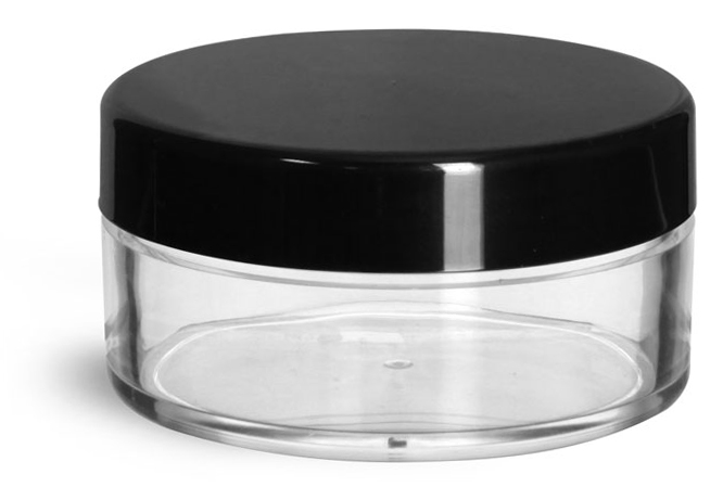 45 ml Clear Styrene Jars w/ Black Smooth Plastic Caps