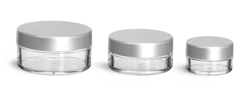 Plastic Jars, Clear Polystyrene Jars w/ Matte Silver Caps