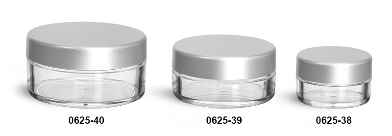 Plastic Jars, Clear Polystyrene Powder Jars w/ Matte Silver Caps