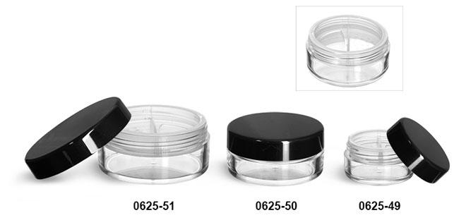 Plastic Jars, Clear Polystyrene Jars w/ Natural Double Sifters & Black Smooth Lined Caps