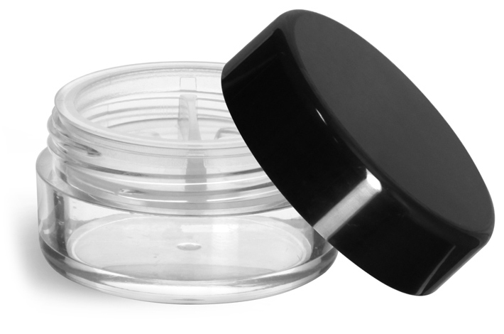 10 ml Clear Styrene Jars with Natural Double Sifters & Black Smooth Lined Caps