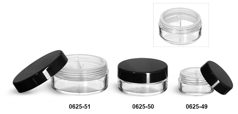 Plastic Jars, Clear Polystyrene Jars w/ Natural Double Sifters & Black Smooth Lined Caps