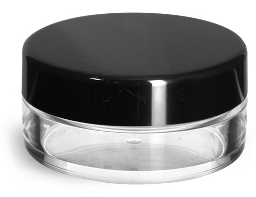 20 ml Clear Styrene Jars with Natural Double Sifters & Black Smooth Lined Caps