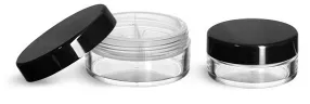 Plastic Jars, Clear Polystyrene Jars w/ Natural Double Sifters & Black Smooth Lined Caps