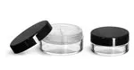 Plastic Jars, Clear Polystyrene Jars with Natural Double Sifters & Black Smooth Lined Caps