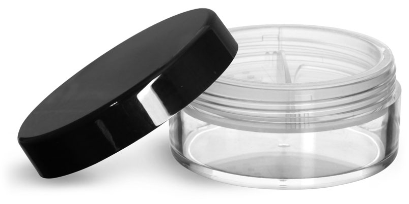 45 ml Clear Styrene Jars with Natural Double Sifters & Black Smooth Lined Caps