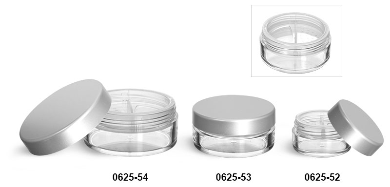 Plastic Jars, Clear Polystyrene Jars w/ Natural Double Sifters and Matte Silver Lined Caps