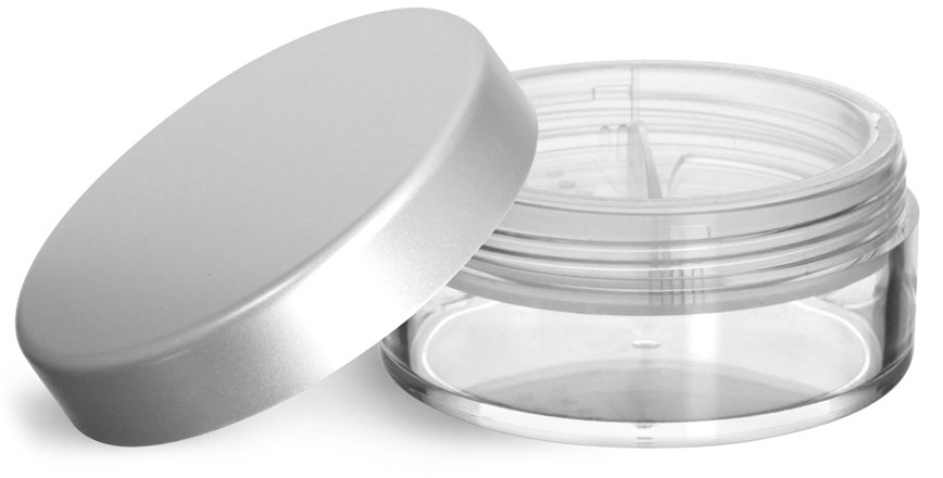 45 ml Clear Styrene Jars with Natural Double Sifters and Matte Silver Lined Caps