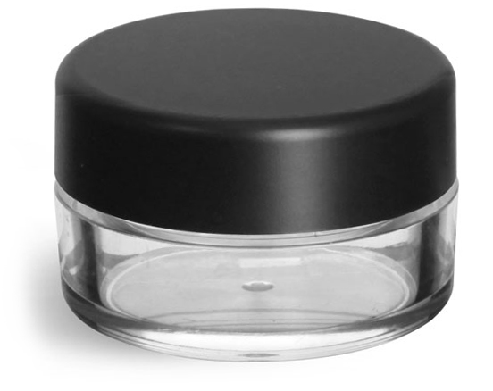 10 ml Clear Styrene Jars with Natural Sifters and Matte Black Lined Caps
