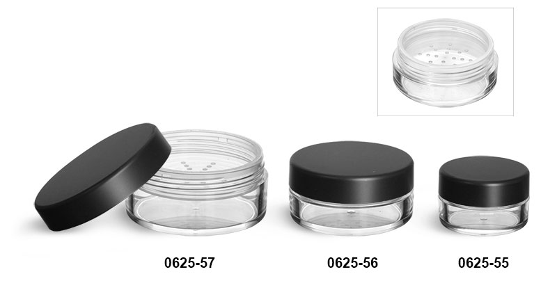 Plastic Jars, Clear Polystyrene Jars w/ Natural Sifters & Matte Black Lined Caps